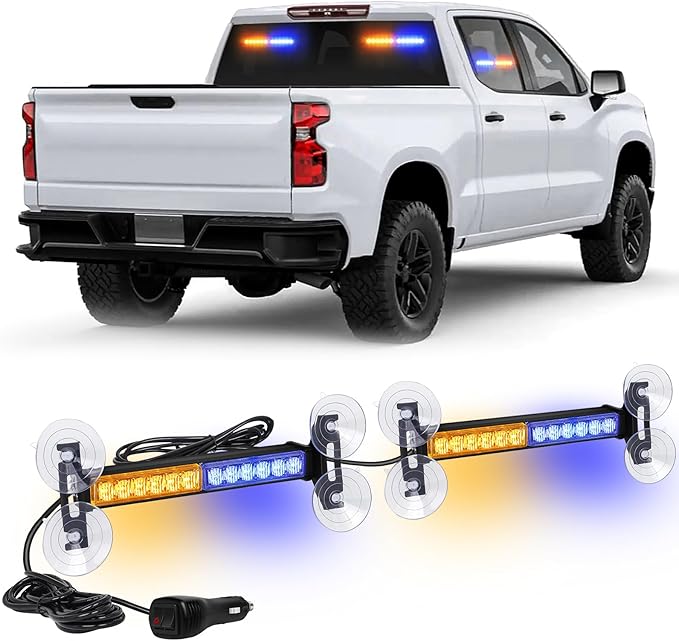 XRIDONSEN 2x 10.7 inch Amber Blue Emergency Lights 24 LED Warning Flashing Safety Dash Side Window Front/Rear Windshield Strobe Lights Traffic Advisor Bar for Tow/Plow Trucks Construction Vehicles