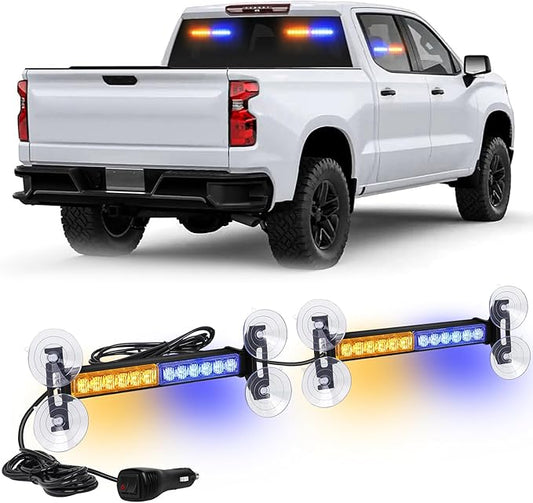 XRIDONSEN 2x 10.7 inch Amber Blue Emergency Lights 24 LED Warning Flashing Safety Dash Side Window Front/Rear Windshield Strobe Lights Traffic Advisor Bar for Tow/Plow Trucks Construction Vehicles