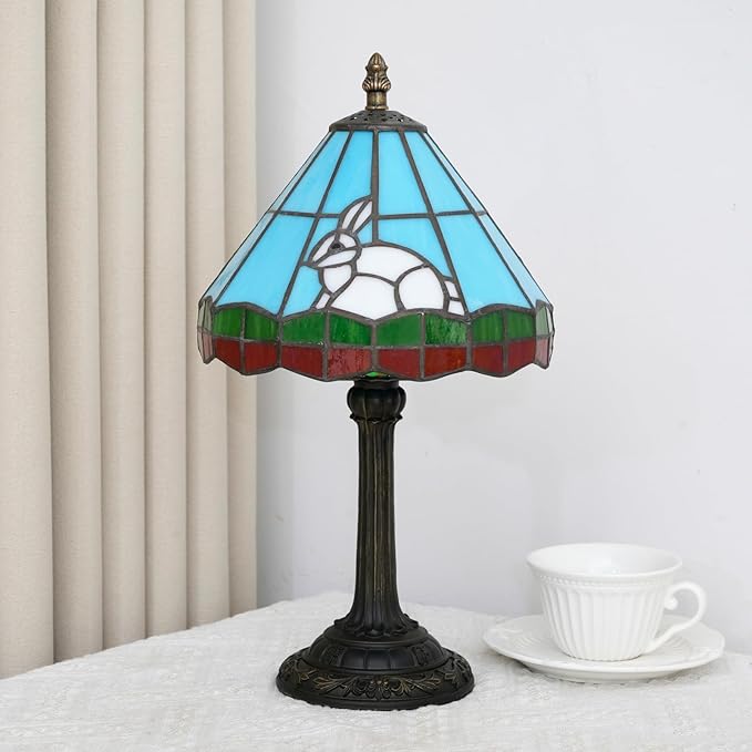 Tiffany lamp 8 inch Small Stained Glass lamp Fairy Tale White Rabbit Bedside lamp Suitable for Bedroom Dormitory Dining Room Living Room Tiffany Style Retro Home Decoration Children's Gift