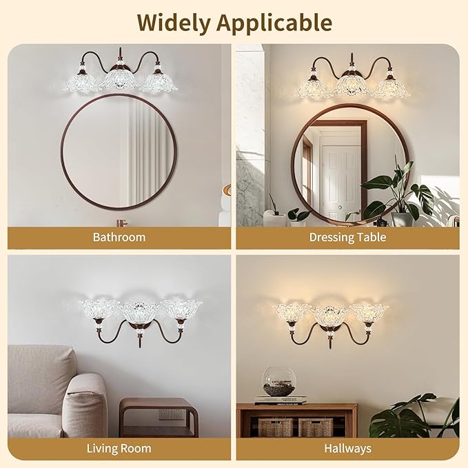 Oil Rubbed Bronze Bathroom Vanity Light, 3-Light Vintage Vanity Light with Floral Clear Glass Shades, Retro Wall Mount Lighting for Bathroom, Dressing Table