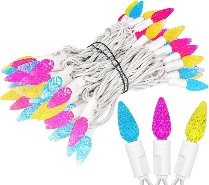 Novelty Lights 24FT 70 LED C6 Easter String Lights - Commercial Grade Outdoor Spring Tree Decorations (Yellow/Teal/Pink)