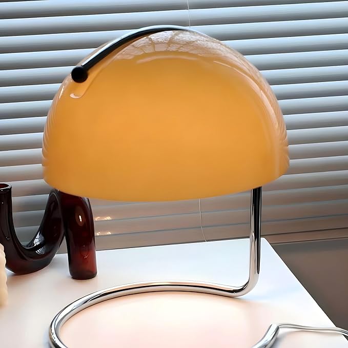 LIGHTLAND Modern Table Lamp, 8.7 Inch Bauhaus Style Semicircle Shape Bedside Lamp with Glass Shade and Metal Lamp Body, Glass Table Lamp for Study, Bedroom, Living Room (Pack of 1, Orange)