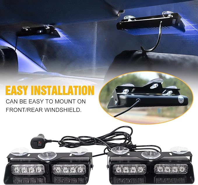 XRIDONSEN 2 in 1 Blue Emergency Dash Strobe Lights Warning Safety Flashing Interior Windshield Lights w/Suction Cups for Ambulance Volunteer Firefighter Police Vehicles Trucks (2×7.16 inch, 16 LED)