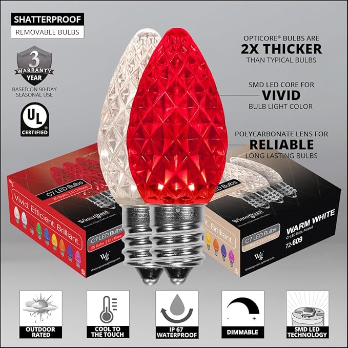 Wintergreen Lighting C7 OptiCore Red and Warm White Outdoor Christmas Lights - LED Christmas String Lights, Commercial Grade String Lights; Green Wire (50 Lights, 50 ft)