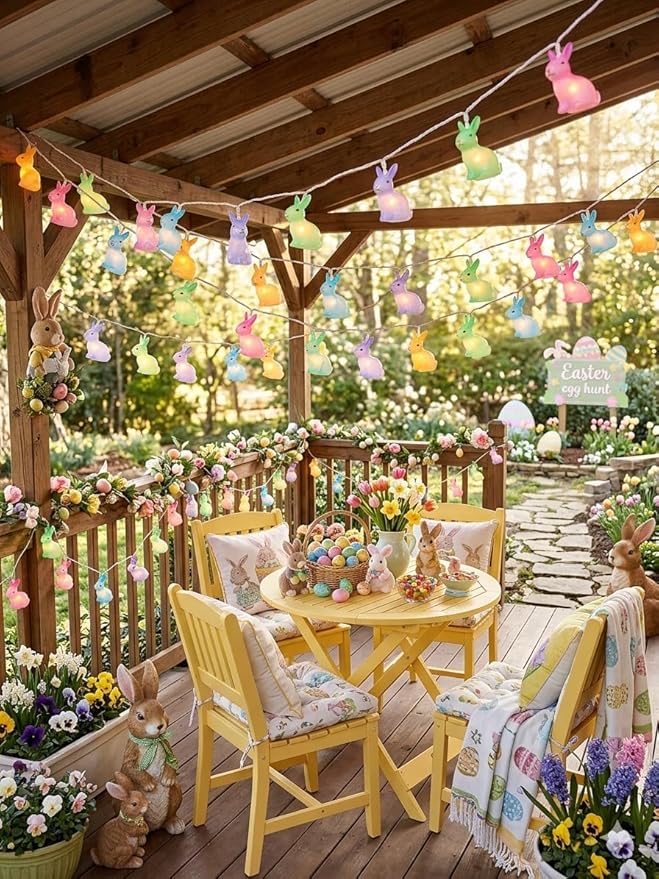 Easter Rabbit Decoration Lights Outdoor, 8.5 Feet Waterproof Bunny String Light with 10 Multicolor Rabbit Shaped Lights for Easter Indoor Bedroom Birthday Party Wedding Decor