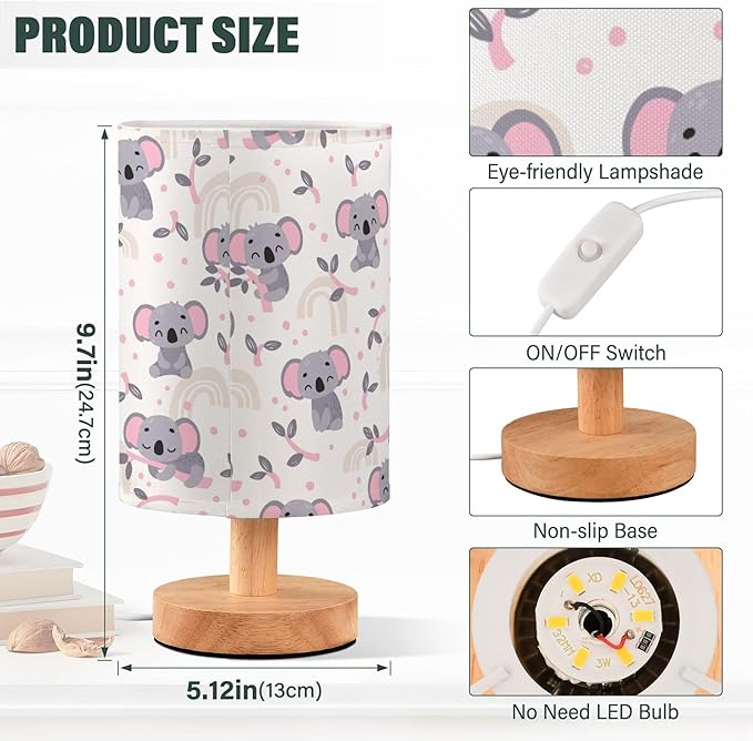 Table Lamp Cute Koala Eucalyptus Branch Scandinavian Pattern Nightstand Lamp with Wood Base Fabric Lamp Shade Bedside Desk Lamp for Living Room Bedroom Kids Room Office
