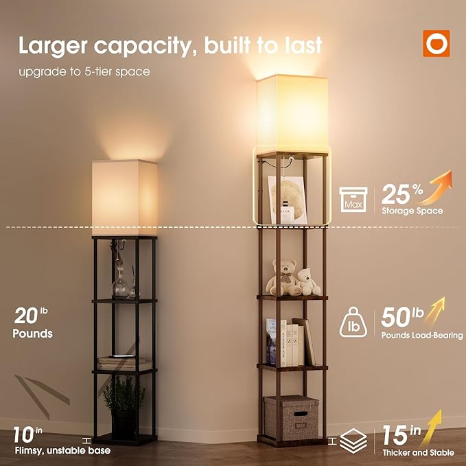 addlon 5-Tier Floor Lamp with Shelves, Standing Bookshelf Lamp with 3 Color Temperature, Corner Display Nightstand Lamp for Living Room, Bedroom and Office (70'' H, Brown)