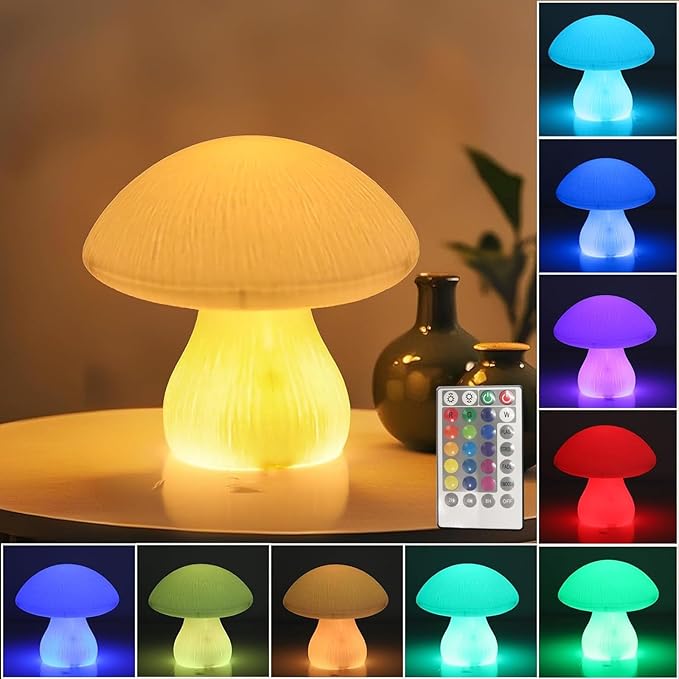 Vigdur Mushroom Lamp Small Lamp, 16 Colors Changing Mushroom Night Light Battery Operated with Remote, Christmas Table Lamp for Woman Bedroom Living Room Cottagecore Decor, 7.8'