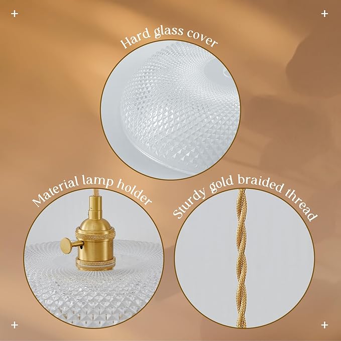 Hanging Light with Plug in Cord,11.8 Inch Plug in Pendant Light for Ceiling Glass Lampshade 14Ft Hanging Lamp Plug in Adjustable Golden Cord On/Off Switch for Bedroom
