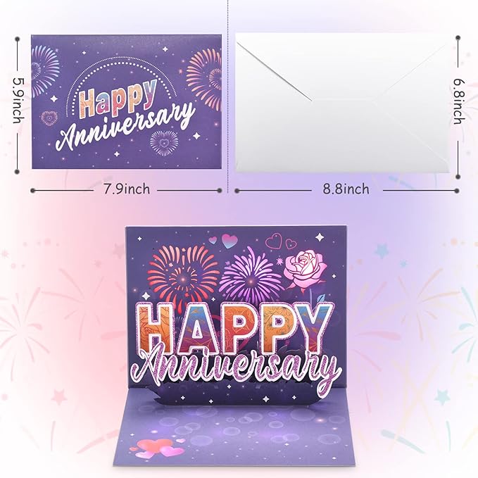 LIGHTS & FIREWORKS Pop Up Anniversary Cards for Couple, Romantic Flower Greeting Card for Wife, Wedding Anniversary Cards for Her with Envelop
