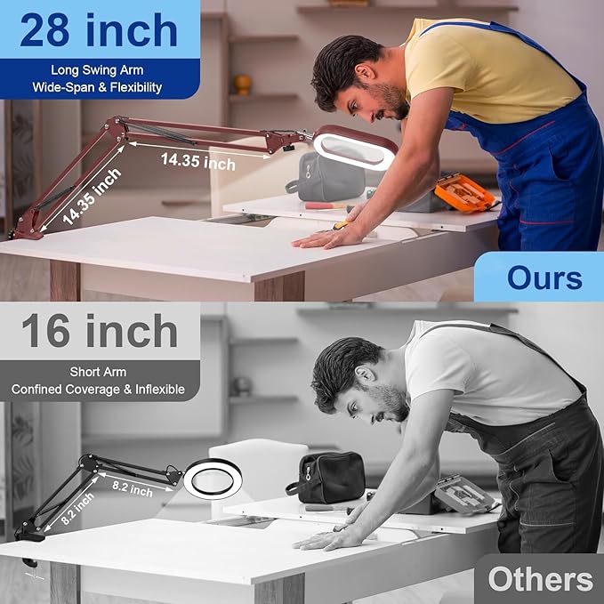 10X Large Magnifying Glass with Light and Clamp, Real Glass, 5 Color Modes, Stepless Dimmable, Lighted Magnifier with Stand Hands Free, LED Swing Arm Desk Lamp for Close Work, Craft, Reading - Red