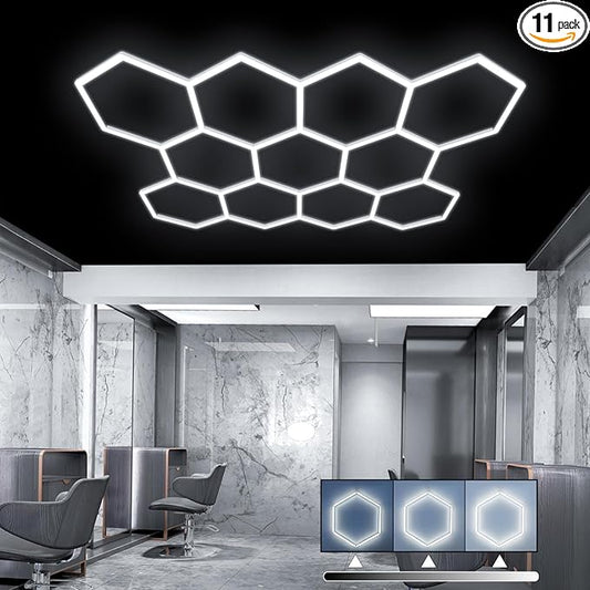 Dimmable Hexagon Garage Lights: Upgraded 3 Level Dimmable 46 Pack 11 Ceiling Honeycomb Hexagon LED Lights 6500K for Garage Basement Warehouse Auto Beauty Shop Car Detailing Shop etc.
