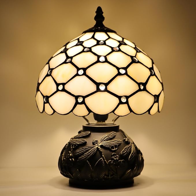 Small Tiffany Mushroom Table Lamp,Mini Memory Sympathy Antique lamp 8X11 Inch (Cream Bead)