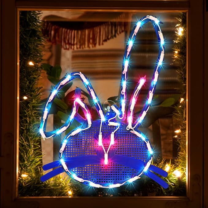 LAMPHOME 17" Lighted Blue Easter Bunny Head Window Silhouette