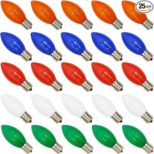 GOOTHY 25 Pack Multicolor C9 Led Christmas Light Bulbs, C9 Replacement Bulbs for Christmas Outdoor String Lights, E17 Base LED Bulbs, 0.6W Ceramic Led Night Light Bulb, 2700K Warm White -Multicolor