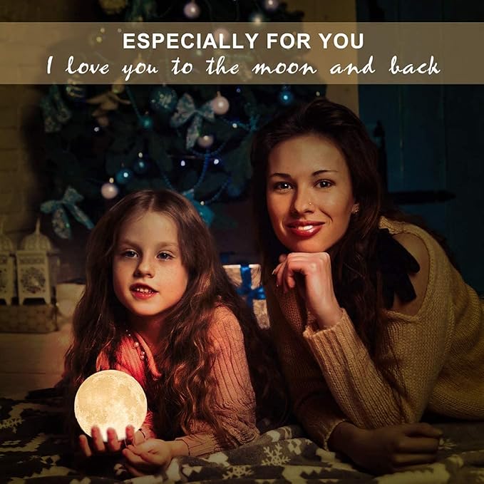 Mydethun Moon Lamp - 4.7' White Elephant Galentine Gifts for Women, 3D Printed LED Night Light w/Wooden Base, Valentine Gifts for Wife, Girlfriend, Mom, Touch-Dimmable, White & Yellow