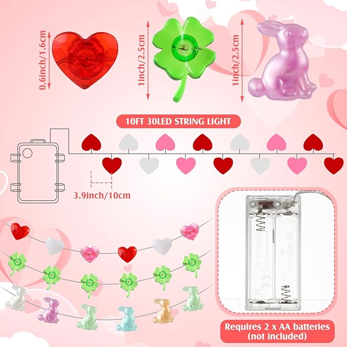 Capoda 3 Pcs Easter St. Patrick's Day String Lights Tricolor Heart Decoration Five Colors Bunny Green Lucky Four Leaf Clover Lights 30 ft 90 LEDs for Indoor Outdoor Holiday Decor