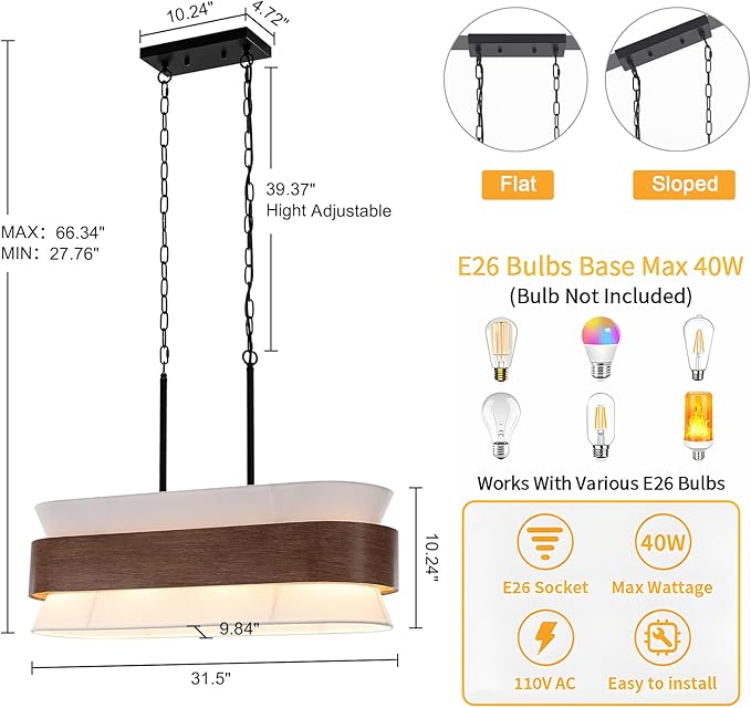 31.5" Farmhouse Kitchen Island Chandelier 4-Light Dining Room Light Fixture, 2-Tier Chandelier with Wood Grain Finish and White Fabric Shade, Adjustable Pendant Lights for Kitchen Island Over Table