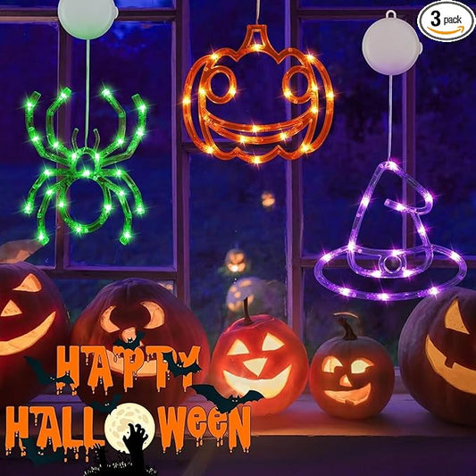 BHCLIGHT 3 Pack Halloween Window Lights Orange Pumpkin Purple Witch Hat Green Spider Battery Operated, Window Light with Suction Cup and Timer Function for Indoor Outdoor Halloween Party Decorations