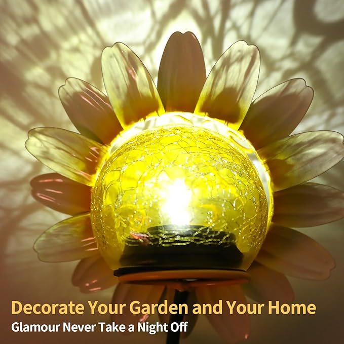 MUMTOP Solar Lanterns Outdoor - Sunflower Solar Lights Decorative, Tabletop Lantern Lamp Ornaments with Cracked Glass for Yard Patio Garden Outside Decorations