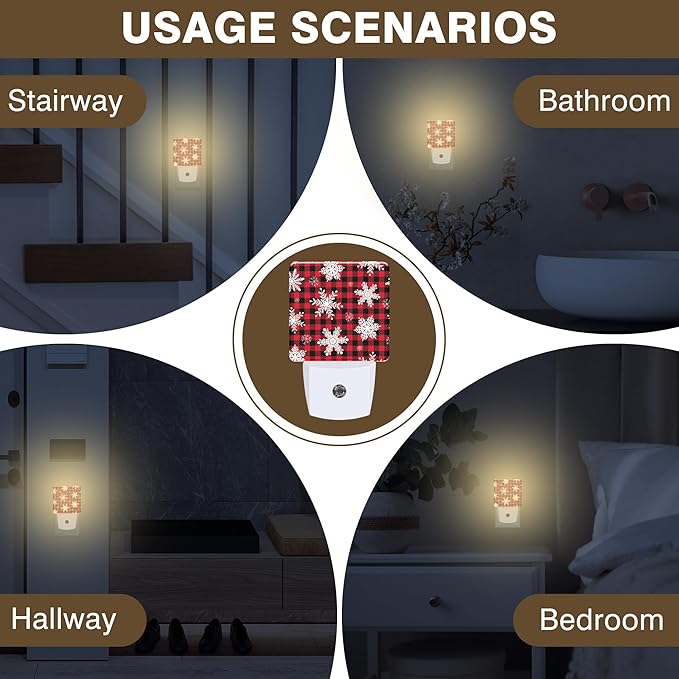Christmas Snowflakes Night Light, Red and Black Checkered Plug-in Nightlight with Dusk to Dawn Auto Sensor for Home Bedroom Hallway Kitchen 0.5W Sleep Friendly Led Lamp for Women Men