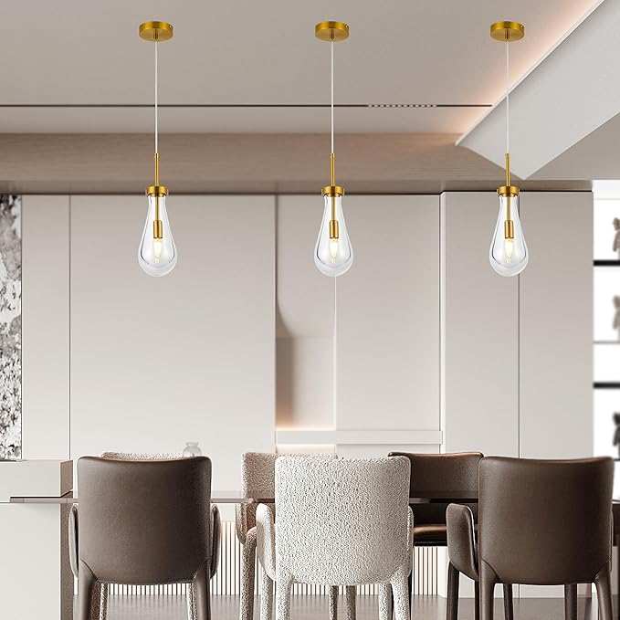 Raindrop Pendant Lights for Kitchen Island Dining Room, Handblown Teardrop Glass Kitchen Light Fixtures Luxury 1-Light Brushed Brass Pendant Lights Hanging Lamps for Bedroom Dining Table, Hallway