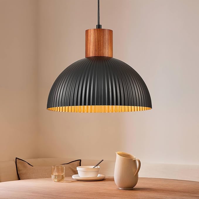 ELYONA 12" Ash Wood Dome Pendant Light Hanging Lamp with Black Metal Shade & Gold Inner Finish, Modern Pendant Light Fixtures for Farmhouse Kitchen Island Dining Room Bedroom Living Room Hallway