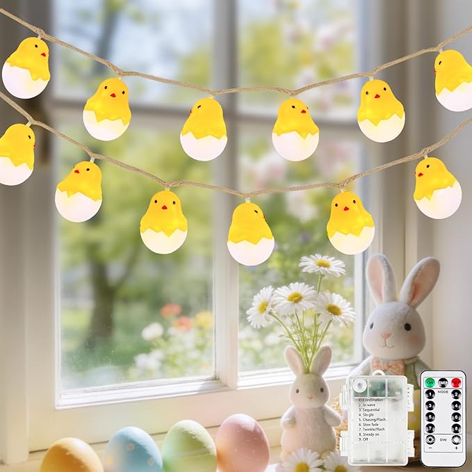 Easter Decoration String Lights, 10 FT 12 LED Eggshell Chicken Mantel Garland Battery Operated with Remote Timer 8 Modes, Hemp Rope Banner for Fireplace Table Wall Spring Party Indoor Outdoor Decor