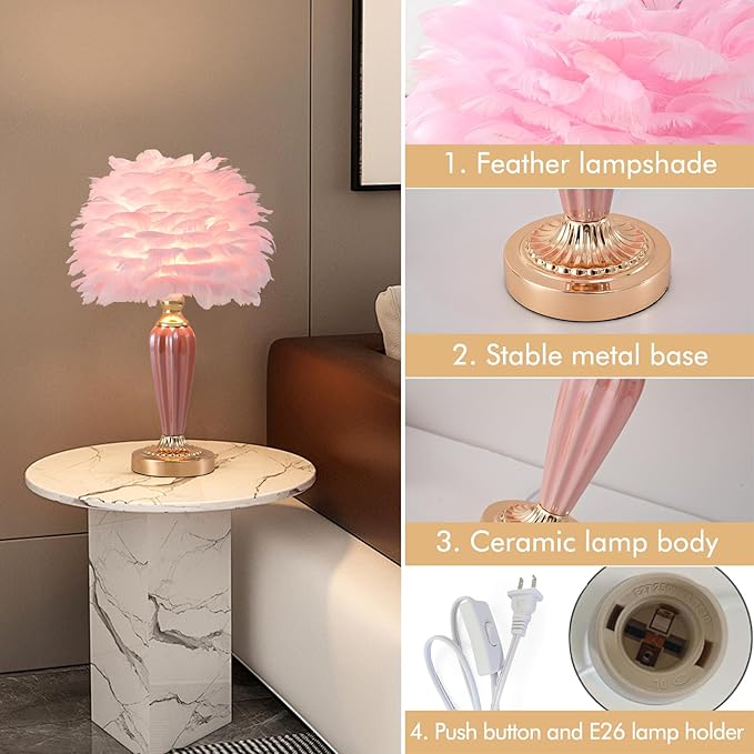 Pink Feather Lamp Creative Bedside Lamp Feather Table Lamp Cute Furry Goose Nightstand Light for Girl Bedroom Wedding Decor Living Room Hotel Office Valentines Dating Gift