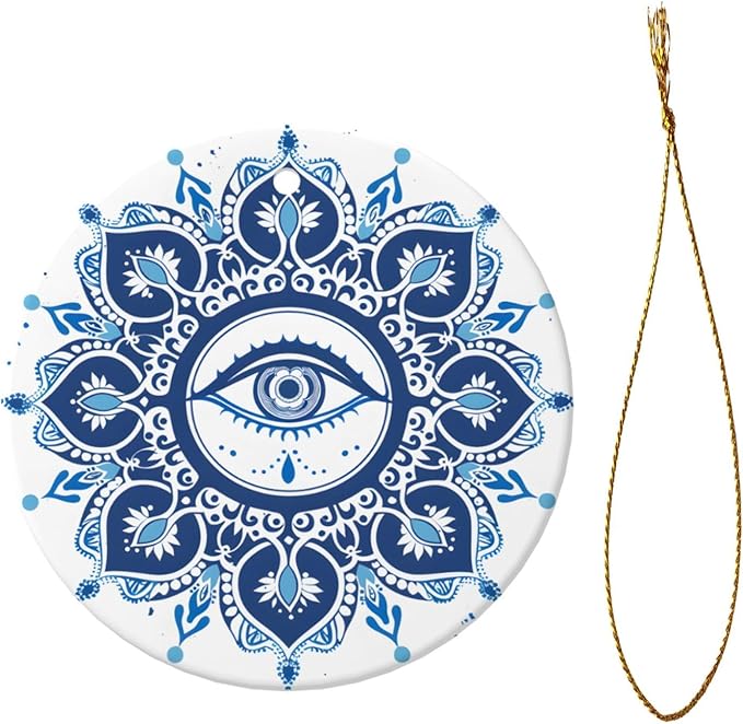 Mandala Demon Eye Christmas Ornaments, Christmas Decorations Xmas Tree Hanging Ornaments, Round Ceramic Festive Keepsake Gift for Xmas Decorations Holiday Home Decor