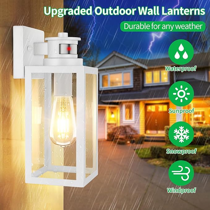2-Pack Motion Sensor Outdoor Wall Lantern, Dusk to Dawn Exterior Light Fixtures Wall Mount, White Outside Light for House, Waterproof Outside Lantern Sconces, Anti-Rust Porch Lighting with Clear Glass