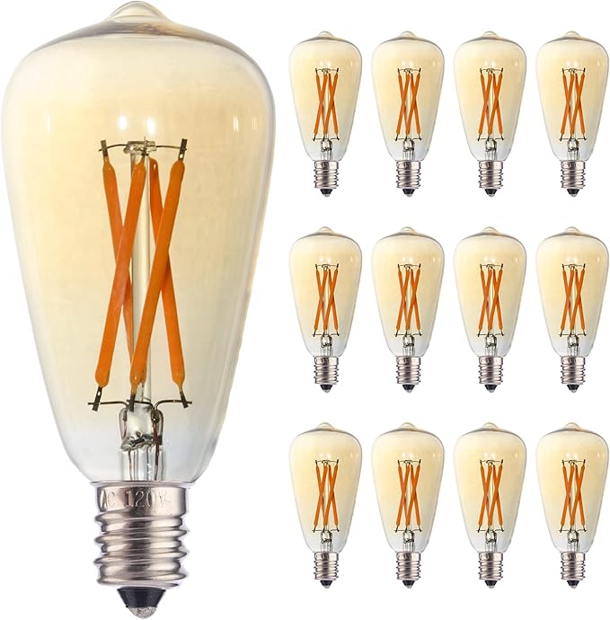 12pcs ST38 Edison Small Bulb 4W Equivalent to 25W-40W E12 Base Vintage Amber Glass LED Warm Yellow 2200K Bulb for Chandeliers Fans Candelabras Outdoor ST38 String Lights