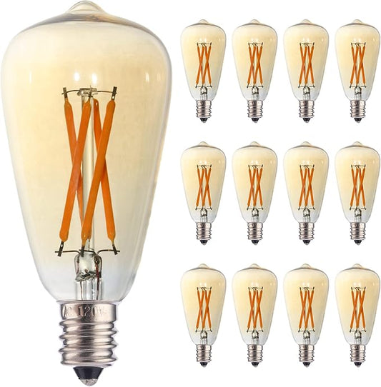 12pcs ST38 Edison Small Bulb 4W Equivalent to 25W-40W E12 Base Vintage Amber Glass LED Warm Yellow 2200K Bulb for Chandeliers Fans Candelabras Outdoor ST38 String Lights