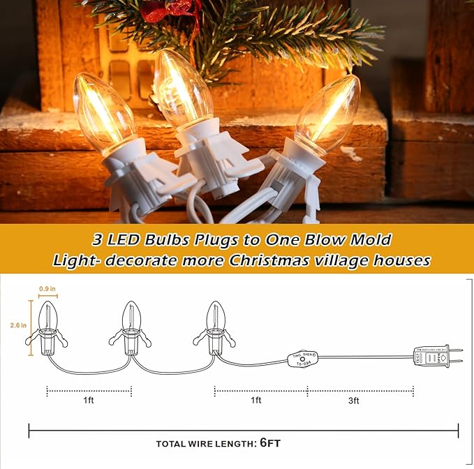 3 Base C7 String Bulbs Christmas Village Light Accessory Cord with 3 LED Light Bulb Universal Clip White Cord with On/Off Spare Fuse Switch Plugs for Decorations Christmas Village House