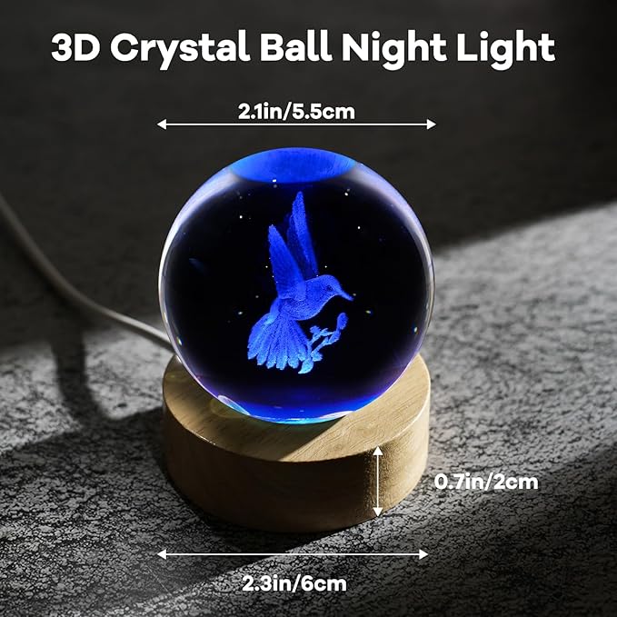 3D Hummingbird Crystal Ball Night Light 2.4in Hummingbird Figurines Decor Table Lamp with 16 Colors Change Hummingbird Stuff for Room Birthday Christmas Hummingbird Gifts for Women Friends Kids