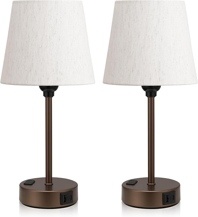 Acaxin Brown Bedside Lamps for bedrooms Set of 2 - Nightstand Bedroom Lamp with USB C Port and AC Outlet Charging, 3 Way Dimmable Touch Control Small Bed Side Table Lamp, Nightstand Light for Kids