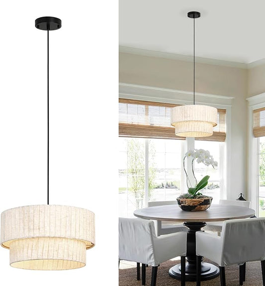 16 Inch Modern Farmhouse Chandelier – Layered Linen Strips Hanging Pendant Light, Dimmable Rustic Lighting Fixture for Dining Room, Kitchen Island, Living Room, Entryway, Foyer