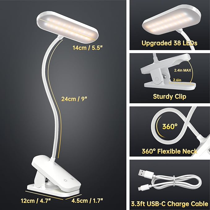 Desk Lamp Battery Operated, Clip on USB Rechargeable Reading Light for Headboard with Large Clamp, 25 Models Adjustable Cordless Touch Light for Bed Frame Bunk Dorm Table Bedside (White)