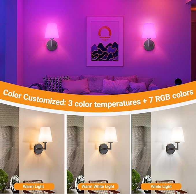 Battery Operated Wall Sconces Set of 2, Wireless Wall Light with 10000mAh RGB Dimmable Magnetic Bulb, Rechargeable Wall Sconce with Remote Control for Bedroom Living Room