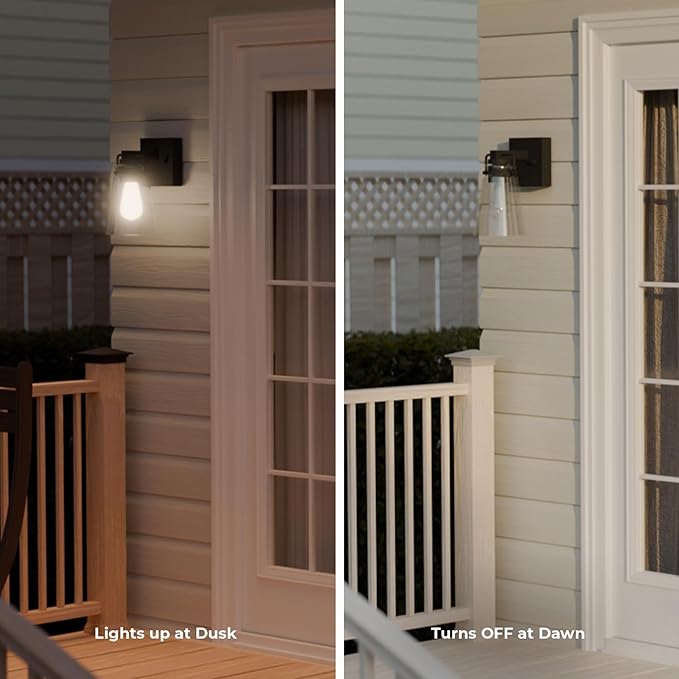 GLOBE Electric 60000174 1-Light Dusk to Dawn Outdoor Wall Sconce, Matte Black, Clear Glass Shade, E26 Bulb, Weather Resistant