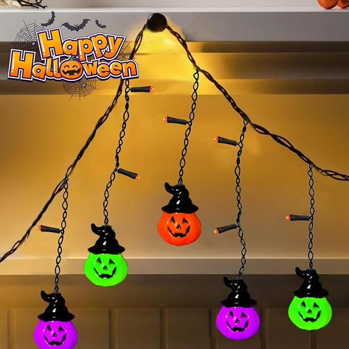 6FT 25LED Halloween Hooded Pumpkin String Lights, Icicle Light Strand with 10 Witch Hat Pumpkin Lights, 8 Lighting Modes, Battery Operated, Indoor Outdoor Holiday Decoration