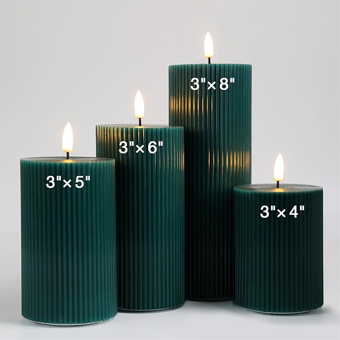 Green Ribbed Flameless Pillar Candles with Remote, Flat Top Flickering LED Wax Battery Candles Set of 4, Φ 3" H 4" 5" 6" 8"