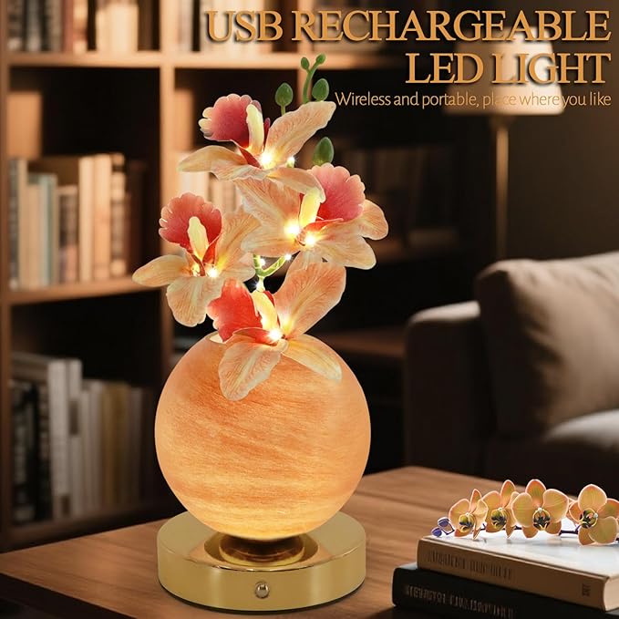 Flower Table Lamp, 3 Colors Orchid Night Light, Cordless Touch Dimming Artificial Flower with Vase Lamp, LED Desktop Decorative Landscape Lights for Festival Party Home Decor (Champagne Orchid)