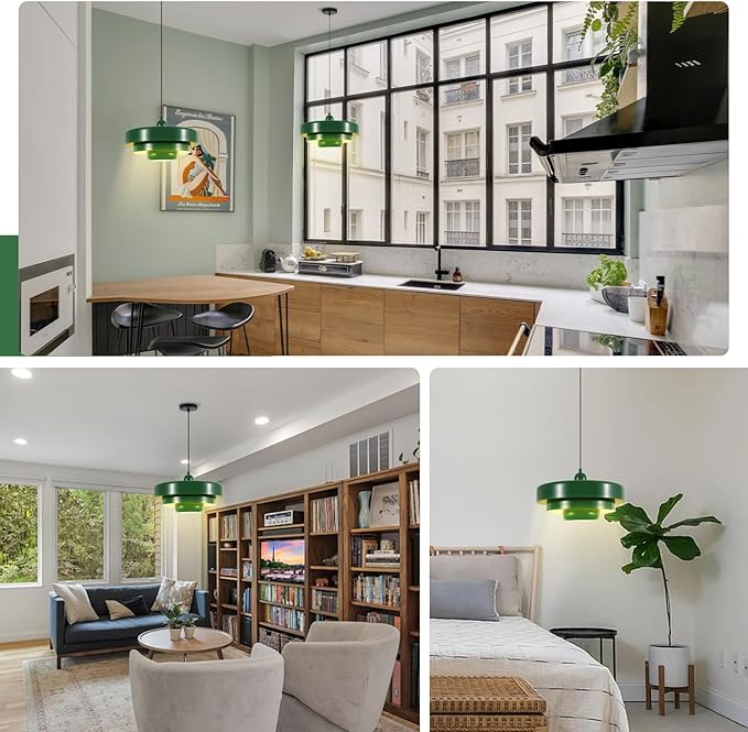 Set of 2 Green Pendant Lights, Small 3-Layer Metal Shade Chandeliers, Modern Farmhouse Island Lights for Kitchen Over Sink, Foyer, and Dining Room