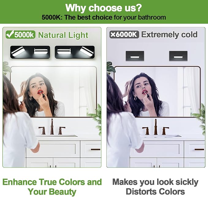 1000LM LED Modern Bathroom Vanity Light Fixtures, 360° Rotate Acrylic Matte Black Vanity Lights for Bathroom, Modern Wall Lighting Fixtures Over Mirror Kitchen Living Room (Natural White Light 5000K)