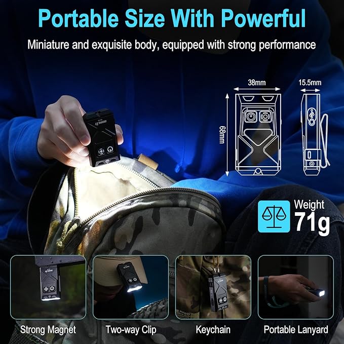 BORUIT EV15 LED Small Powerful EDC Flashlight,1000 Lumen USB-C Rechargeable Mini Keychain Flash Light with 365nm UV & RGB Side Light,IP65 Waterproof,Clip & Tail Magnet for Emergencies