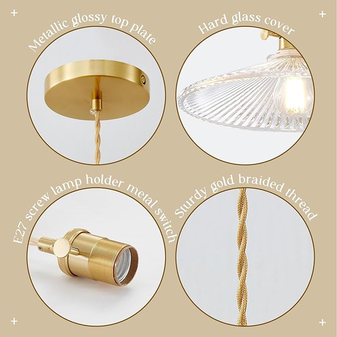 Hanging Lights with Plug in Cord, 9.1 Inch Embossed Design Lampshade Hanging Lamp Adjustable 14Ft Cord On/Off Switch Plug in Pendant Light Kitchen Island Pendant Lights