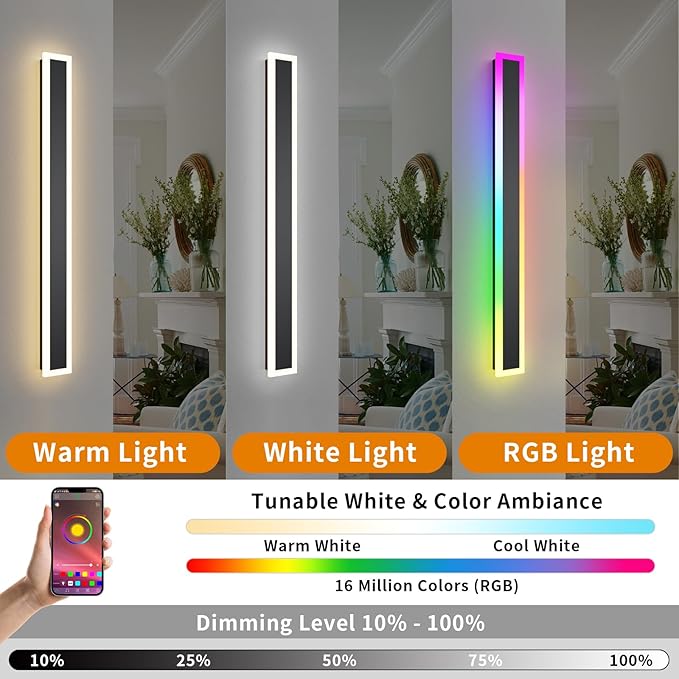Outdoor RGB Long Wall Lights, 31.5inch 2 Pack RGB/Warm/White Dimmable Modern Led Wall Lighting, Ip65 Waterproof Long Wall Sconce with Remote and APP Control for Outdoor/Indoor