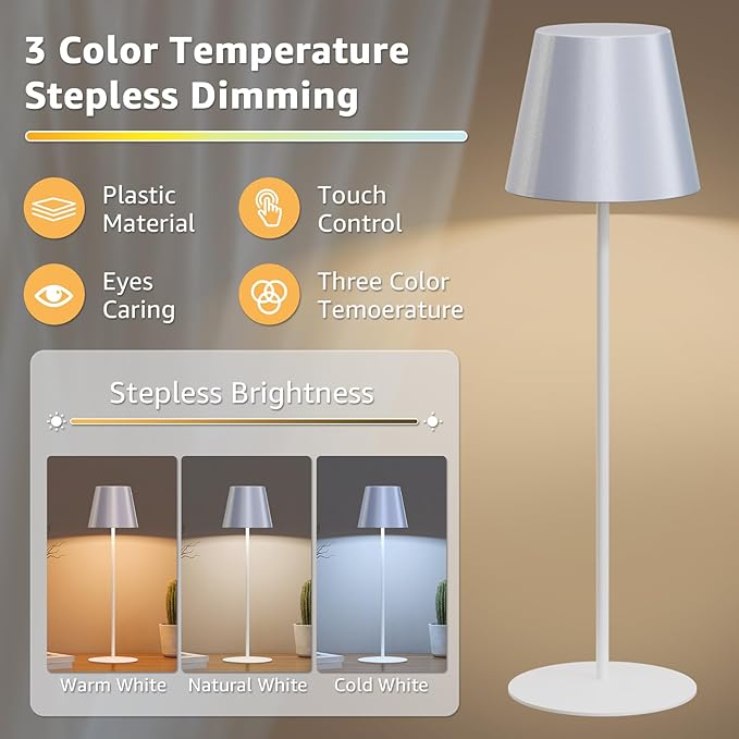 uuffoo 2 Pack Cordless Table Lamp Rechargeable 5000mAH Battery Operated Lights Touch Control LED Portable Desk Lamps 3 Color Dimming for Outdoor Coffee Bedroom Kitchen (Silver+White)