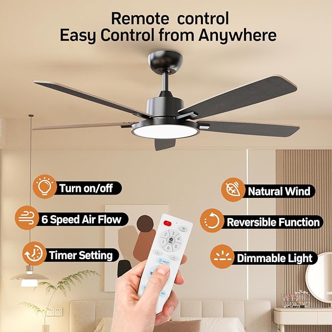 TALOYA 52 Inch Black Walnut Ceiling Fans with Lights Led Back Light Remote Control Flush Mount Low Profile for Bedroom Living Room Outdoor Patio,Reversible,DC Motor,3 Color Temperatures,5 Blades